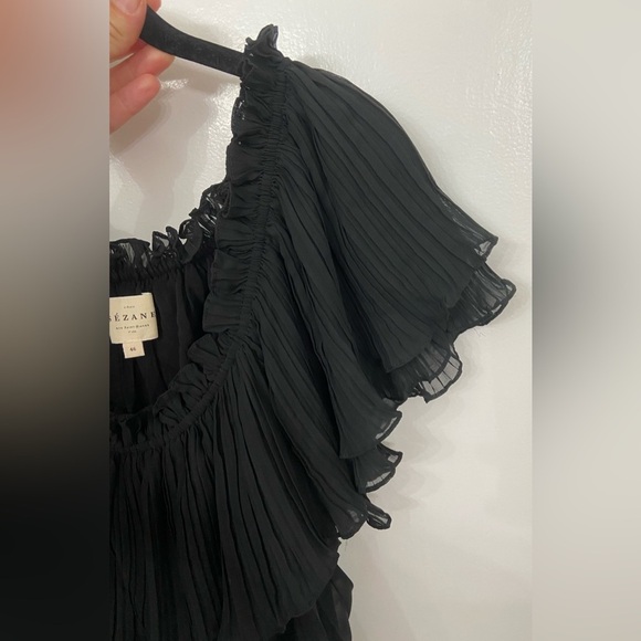 Sezane Gloria Pleated Off the Shoulder Mini Dress Black Size FR46/US 14 - Picture 8 of 9